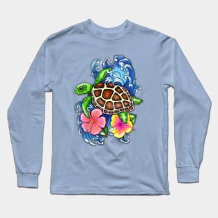 Tropical Sea Turtle and Hibiscus Long Sleeve T-Shirt